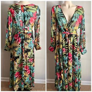 Y2K Spy Zone Exchange Tropical Floral Maxi Dress Sheer Boho Tie Waist M